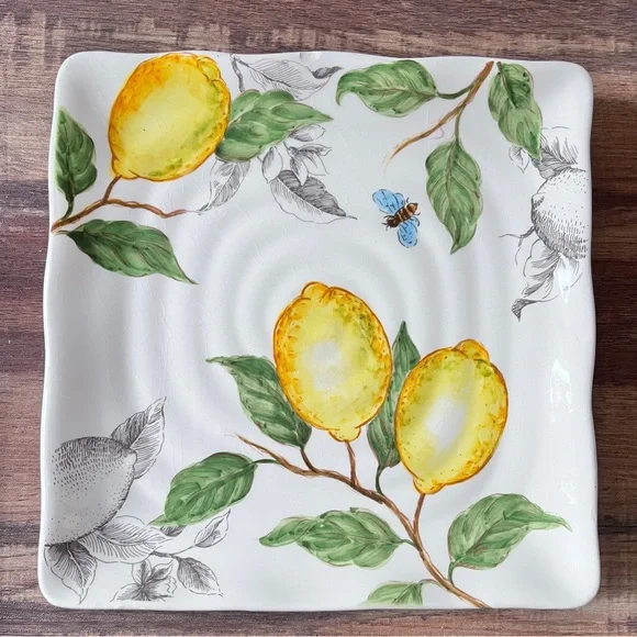 Maxcera Sketch Lemon Shabby Chic Dinner Desert Appetizer Square Plates Set of 4 - Picture 3 of 15